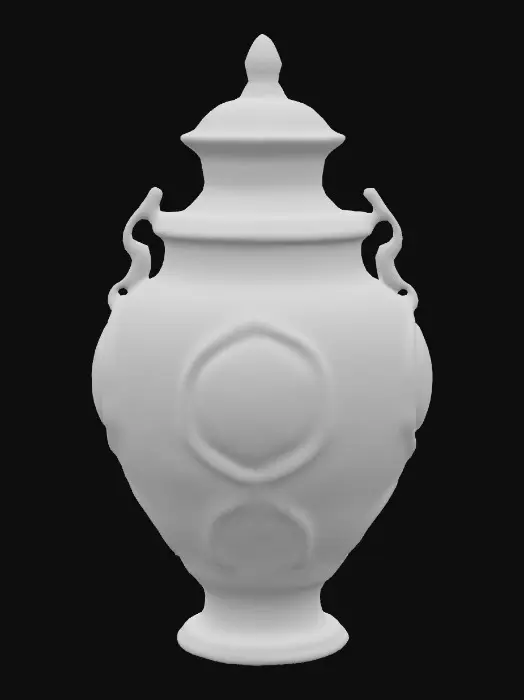 3D model for beautiful ancient jar with mysterious potion, made of worn silver and colourful blue, green and orange glass, emitting a mysterious glow, Stylized, Vintage, Fantasy, Highly Detailed, Carved