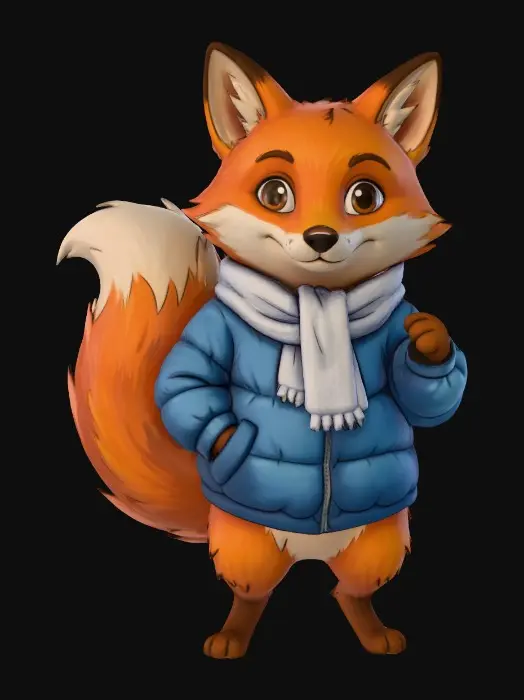 3D model for A fox in the same artistic style as the character in the attachments, but wearing a blue plump puffer and white scarf, #Christmas2025#