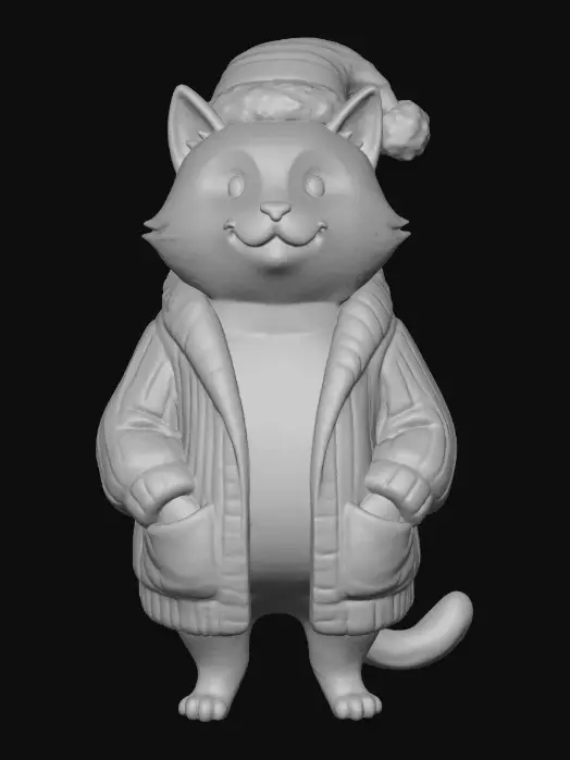 3D model for A dark grey cat in the same artistic style as the character in the attachments, but wearing a yellow plump long cardigan and a Christmas hat with a pompon, with his paws in the cardigan's large pockets, The cat is without whiskers, #Christmas2025#
