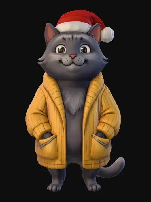 3D model for A dark grey cat in the same artistic style as the character in the attachments, but wearing a yellow plump long cardigan and a Christmas hat with a pompon, with his paws in the cardigan's large pockets, The cat is without whiskers, #Christmas2025#