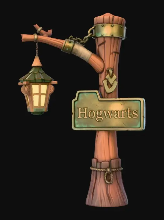 3D model for Create an image of the same pole light as in the attached image but with large tab with 'Hogwarts' title