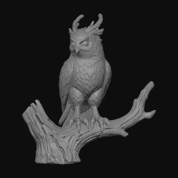 3D model for Create an image of the same character owl that is in the attached image, but don't make its wing open. Make it sit naturally on the branch and turn its head on the left. The rest details should remain the same.