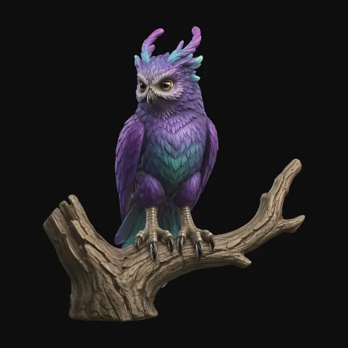 3D model for Create an image of the same character owl that is in the attached image, but don't make its wing open. Make it sit naturally on the branch and turn its head on the left. The rest details should remain the same.