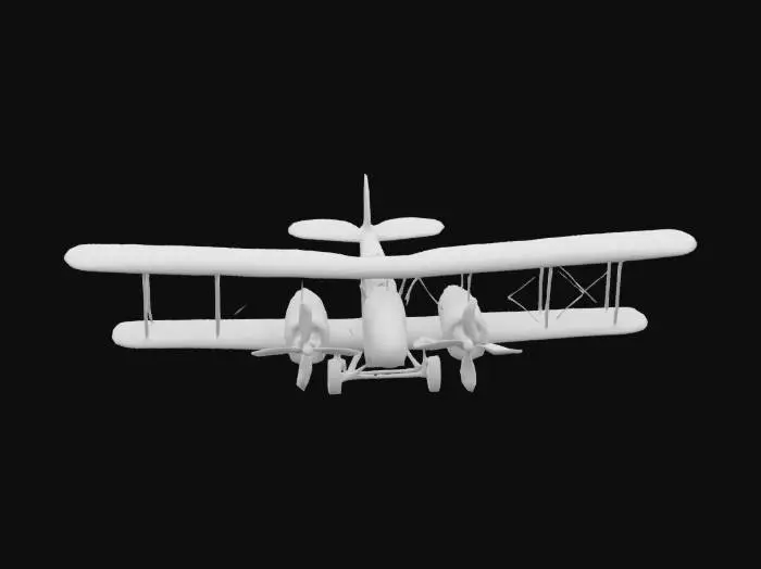 3D model for Четырёхмоторным биплан с винтажным обликом. Его конструкция состоит из двух широких прямоугольных крыльев, обшитых натянутой тканью и усиленных множеством тонких металлических стоек и натяжных тросов. Фюзеляж обтекаемой формы, вероятно, выполнен из дерева. По бокам расположены 4 больших двухлопастных пропеллеров и открытая кабина. Шасси включает четыре колеса с выразительными спицами. Цветовая палитра, вероятно, приглушенная, с преобладанием бежевых или оливковых оттенков ткани и темных металлических деталей.