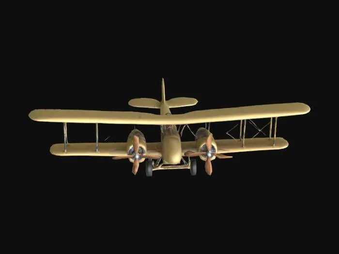 3D model for Четырёхмоторным биплан с винтажным обликом. Его конструкция состоит из двух широких прямоугольных крыльев, обшитых натянутой тканью и усиленных множеством тонких металлических стоек и натяжных тросов. Фюзеляж обтекаемой формы, вероятно, выполнен из дерева. По бокам расположены 4 больших двухлопастных пропеллеров и открытая кабина. Шасси включает четыре колеса с выразительными спицами. Цветовая палитра, вероятно, приглушенная, с преобладанием бежевых или оливковых оттенков ткани и темных металлических деталей.