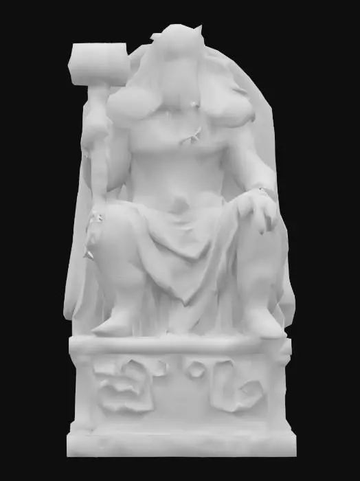 3D model for Monumental marble sculpture of Thor, Norse god of thunder, seated on a rune-carved throne. His titanic physique is rendered with classical precision, muscles taut with divine strength. He grips Mjölnir, etched with ancient runes, in one hand, and a broken chain in the other. His bearded face is stern, eyes gazing into a stormy distance. Wind-swept hair and a heavy cloak flow around him, carved in lifelike folds. The marble shows fine cracks, chisel marks, and soft patina, as if aged by time. At his feet, Nordic symbols circle the base, evoking myth and power in Renaissance realism.