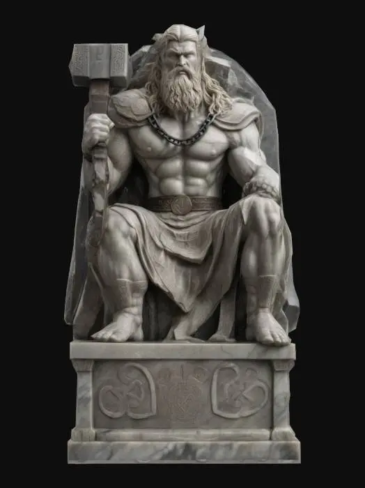 3D model for Monumental marble sculpture of Thor, Norse god of thunder, seated on a rune-carved throne. His titanic physique is rendered with classical precision, muscles taut with divine strength. He grips Mjölnir, etched with ancient runes, in one hand, and a broken chain in the other. His bearded face is stern, eyes gazing into a stormy distance. Wind-swept hair and a heavy cloak flow around him, carved in lifelike folds. The marble shows fine cracks, chisel marks, and soft patina, as if aged by time. At his feet, Nordic symbols circle the base, evoking myth and power in Renaissance realism.