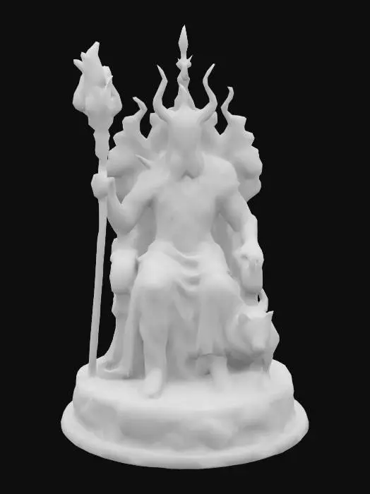 3D model for Monumental obsidian sculpture of Hades, Greek god of the underworld, seated on a jagged throne. His muscular form is draped in a flowing cloak, one hand gripping a staff with a burning ember, the other holding the Helm of Darkness inscribed with runes. His stern face features a curled beard and hollow, glowing eyes. At his feet, Cerberus snarls—three heads carved in lifelike detail. The cloak flows in dynamic folds, the surface cracked and weathered. Greek underworld symbols—laurel, asphodel, chained souls—encircle the base in dark neoclassical style.