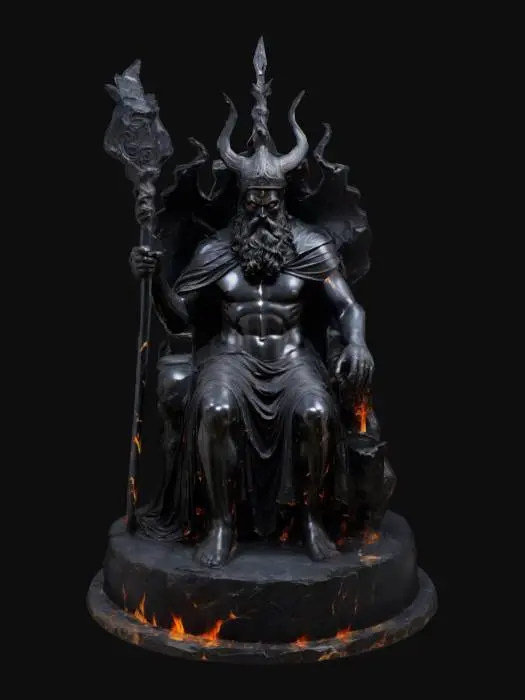 3D model for Monumental obsidian sculpture of Hades, Greek god of the underworld, seated on a jagged throne. His muscular form is draped in a flowing cloak, one hand gripping a staff with a burning ember, the other holding the Helm of Darkness inscribed with runes. His stern face features a curled beard and hollow, glowing eyes. At his feet, Cerberus snarls—three heads carved in lifelike detail. The cloak flows in dynamic folds, the surface cracked and weathered. Greek underworld symbols—laurel, asphodel, chained souls—encircle the base in dark neoclassical style.