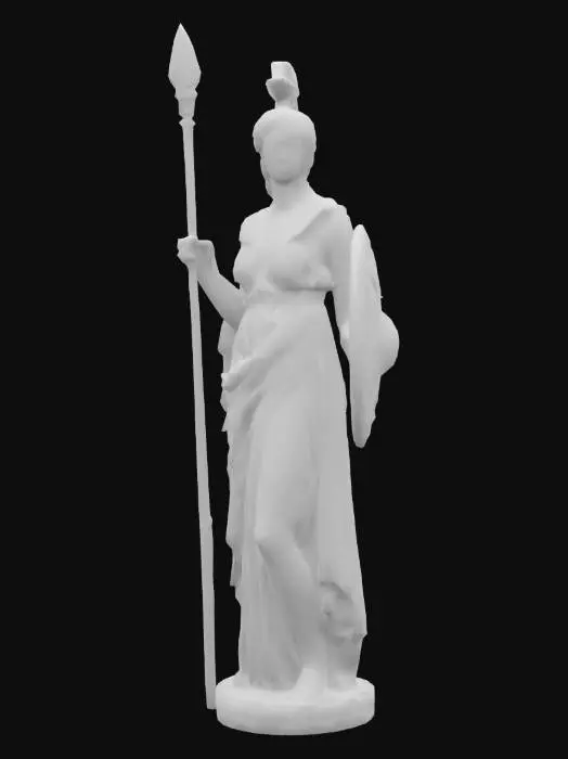 3D model for Create a hyper-realistic 3D model of Athena, goddess of wisdom, in an ancient marble sculpture. She stands tall with a serene yet commanding expression, wearing a finely draped chiton and a detailed Aegis shield. Her helmet, adorned with a serpent motif, gleams subtly. In one hand, she holds a spear, and the other rests by her side, poised and powerful. Intricate details, from the folds of her robes to the lifelike texture of her hair and the aged surface of the marble, evoke timeless grace. Soft, focused lighting highlights every curve, enhancing the stoic, divine presence. 8K resolution, high realism, and classical beauty.