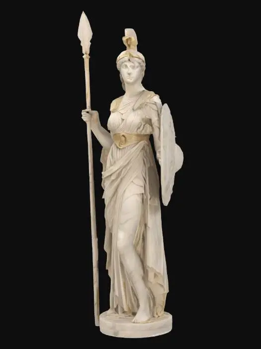 3D model for Create a hyper-realistic 3D model of Athena, goddess of wisdom, in an ancient marble sculpture. She stands tall with a serene yet commanding expression, wearing a finely draped chiton and a detailed Aegis shield. Her helmet, adorned with a serpent motif, gleams subtly. In one hand, she holds a spear, and the other rests by her side, poised and powerful. Intricate details, from the folds of her robes to the lifelike texture of her hair and the aged surface of the marble, evoke timeless grace. Soft, focused lighting highlights every curve, enhancing the stoic, divine presence. 8K resolution, high realism, and classical beauty.
