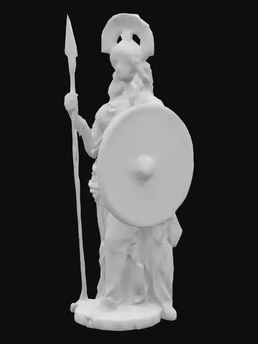 3D model for Create a hyper-realistic 3D model of Athena, goddess of wisdom, in an ancient marble sculpture. She stands tall with a serene yet commanding expression, wearing a finely draped chiton and a detailed Aegis shield. Her helmet, adorned with a serpent motif, gleams subtly. In one hand, she holds a spear, and the other rests by her side, poised and powerful. Intricate details, from the folds of her robes to the lifelike texture of her hair and the aged surface of the marble, evoke timeless grace. Soft, focused lighting highlights every curve, enhancing the stoic, divine presence. 8K resolution, high realism, and classical beauty.