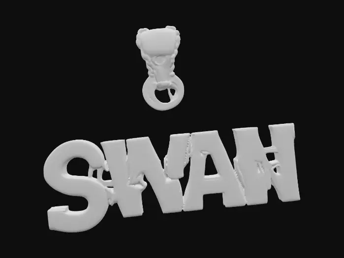 3D model for Pendete in oro con una scritta in rilievo su piastra con contorni uguali alla scritta, nel font deve essere “SWAN”(è un nome) tutto STILE HIP HOP 