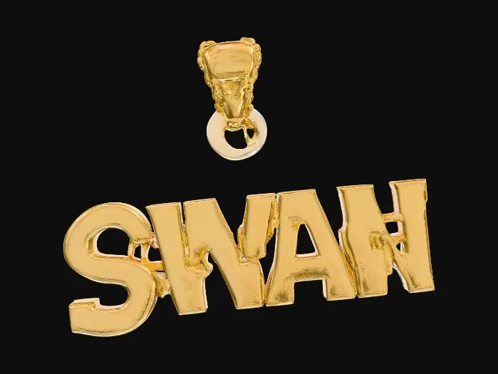 3D model for Pendete in oro con una scritta in rilievo su piastra con contorni uguali alla scritta, nel font deve essere “SWAN”(è un nome) tutto STILE HIP HOP 