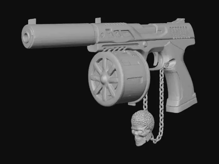 3D model for 3D model of a modern pistol with a drum magazine and suppressor, designed in a luxury, futuristic style. The weapon features a sleek black base with reflective metallic purple accents and glowing neon purple highlights inside the barrel and magazine. A diamond-encrusted skull pendant and a silver chain hang from the weapon, sparkling under soft studio lighting. Highly detailed materials, realistic metal reflections, clean background, cinematic lighting, professional render, ultra high quality, game asset style.