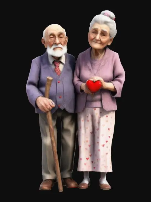 3D model for A very old man with a walking stick and a very old woman, holding each others hand side by side with a loveheart in the background

, #valentine#, 

, #valentine#