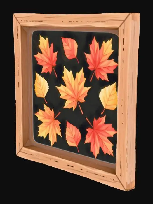 3D model for #Thanksgiving#, 

Set of stylized autumn leaves (maple, oak, birch) in warm colors: red, orange, yellow. Flat but slightly curled shapes, hand-painted texture style, low-poly, optimized for particle effects all inside a wooden picture frame with glass case over it
