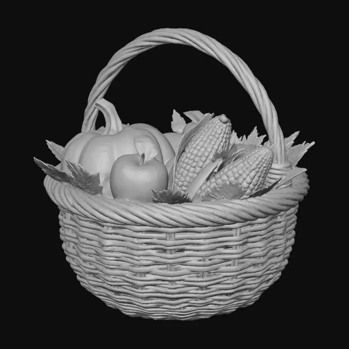 3D model for #Thanksgiving#, 

a woven harvest basket filled with pumpkins, apples, corn, and leaves. Stylized hand-painted textures, separate fruit meshes, clean UV mapping