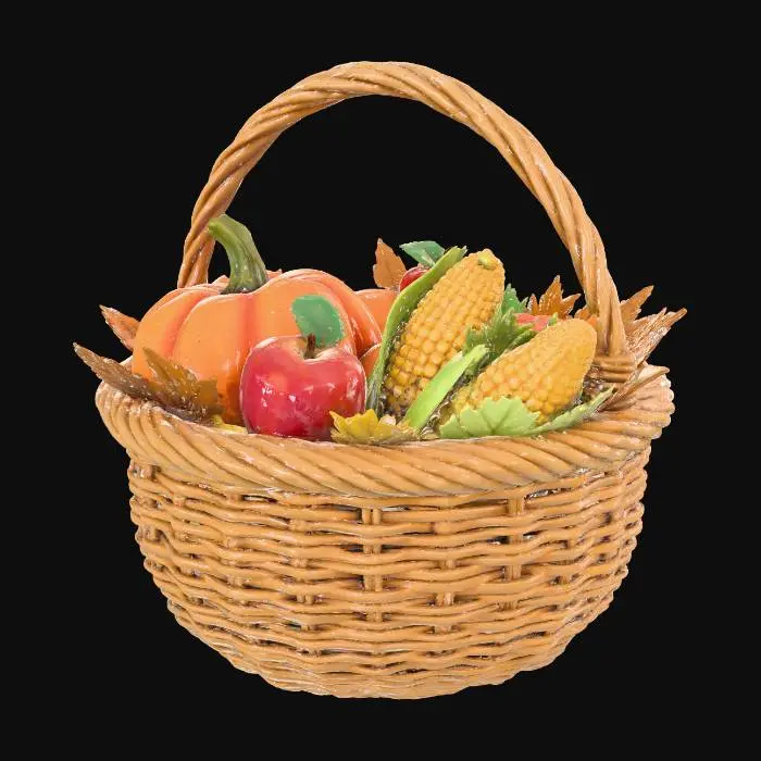 3D model for #Thanksgiving#, 

a woven harvest basket filled with pumpkins, apples, corn, and leaves. Stylized hand-painted textures, separate fruit meshes, clean UV mapping