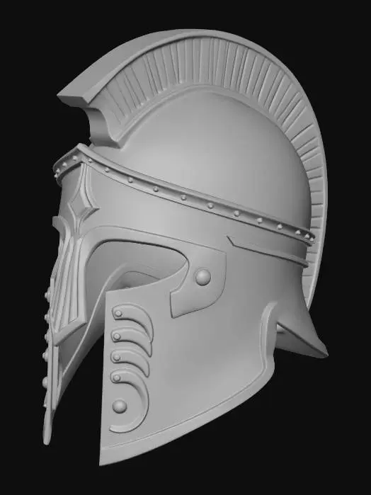 3D model for Highly detailed, Spartan helmet, cinematic “300 movie” style, without crest. Decorative cosplay helmet (not protective), worn on head. Bronze ancient Greek helmet with exaggerated aggressive brow ridge, long nose guard, narrow eye slits. Open lower face (mouth and chin visible), cheeks partially covered. Smooth rounded dome with subtle dents and battle wear. Thick rim around the bottom edge. Symmetrical shape, realistic proportions. No plume holder, no crest, no horns. High detail sculpt, clean surface suitable for 3D printing. Single solid object, watertight manifold mesh, no thin floating parts. Inner cavity sized for human head circumference 58 cm. Interior smooth, minimum wall thickness 3 mm. Include small ventilation holes on top (optional). Style: worn bronze with scratches