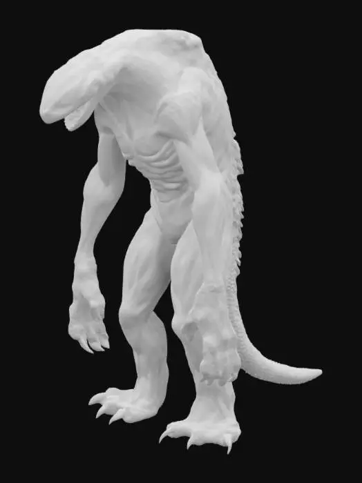 3D model for A 2-meter-tall white monster with long arms significantly exceeding the length of its short, sturdy legs. Arms serve as supports for movement. Skin is matte white, textured, with details like scars, stripes, and grayish or silvery accents on joints and claws. Fingers have sharp claws. The elongated head has minimal facial features and deep sockets emitting white light. The monster moves leaning on its long arms.