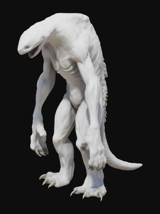 3D model for A 2-meter-tall white monster with long arms significantly exceeding the length of its short, sturdy legs. Arms serve as supports for movement. Skin is matte white, textured, with details like scars, stripes, and grayish or silvery accents on joints and claws. Fingers have sharp claws. The elongated head has minimal facial features and deep sockets emitting white light. The monster moves leaning on its long arms.