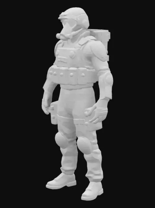 3D model for Realistic MTF SCP soldier. Human anatomy, tactical gear: helmet with built-in gas mask and advanced night vision goggles mounted on the forehead with four adjustable lenses, segmented body, vest with pockets, backpack for equipment, elbow and knee pads. Helmet detailed with scratches, scuffs, integrated comms, and a small flashlight. Slight armor wear. Colors are black and gray, with red and white details