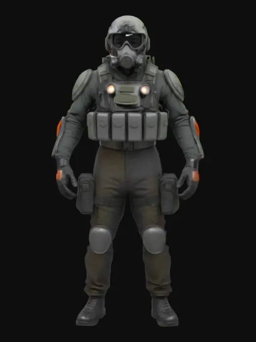 3D model for Realistic MTF SCP soldier. Human anatomy, tactical gear: helmet with built-in gas mask and advanced night vision goggles mounted on the forehead with four adjustable lenses, segmented body, vest with pockets, backpack for equipment, elbow and knee pads. Helmet detailed with scratches, scuffs, integrated comms, and a small flashlight. Slight armor wear. Colors are black and gray, with red and white details