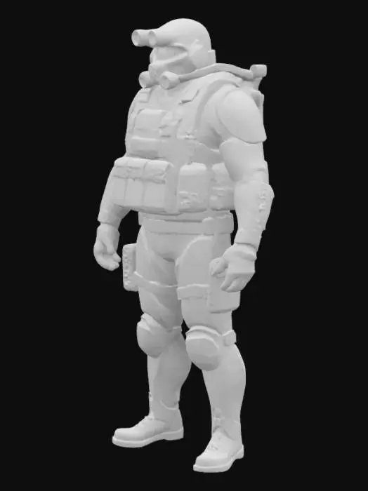 3D model for Realistic SCP soldier. Human anatomy, tactical gear: helmet with a built-in gas mask and advanced night vision goggles mounted on the forehead with four adjustable lenses. Segmented body, bulletproof vest with pockets, military backpack, elbow and knee pads. Helmet detailed with scratches, scuffs, integrated comms, and a small flashlight. Slight armor wear. Armor covers the waist and the entire body, weaker in some areas. Colors are black and dark grey. Realistic, armor with scratches and abrasions