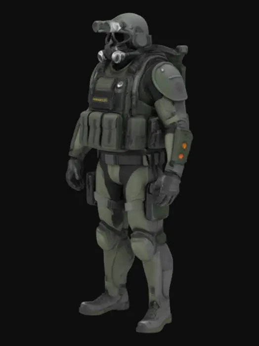3D model for Realistic SCP soldier. Human anatomy, tactical gear: helmet with a built-in gas mask and advanced night vision goggles mounted on the forehead with four adjustable lenses. Segmented body, bulletproof vest with pockets, military backpack, elbow and knee pads. Helmet detailed with scratches, scuffs, integrated comms, and a small flashlight. Slight armor wear. Armor covers the waist and the entire body, weaker in some areas. Colors are black and dark grey. Realistic, armor with scratches and abrasions