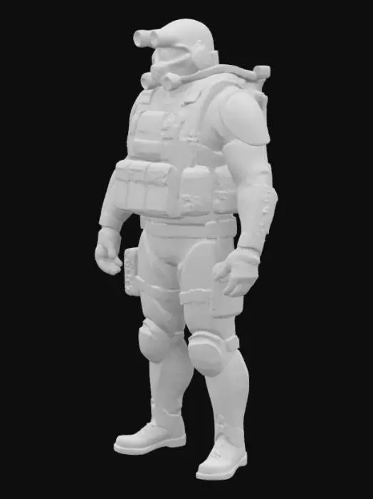 3D model for Realistic SCP soldier. Human anatomy, tactical gear: helmet with a built-in gas mask and advanced night vision goggles mounted on the forehead with four adjustable lenses. Segmented body, bulletproof vest with pockets, military backpack, elbow and knee pads. Helmet detailed with scratches, scuffs, integrated comms, and a small flashlight. Slight armor wear. Armor covers the waist and the entire body, weaker in some areas. Colors are black and dark grey. Realistic, armor with scratches and abrasions