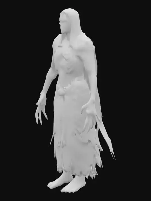 3D model for A dark fantasy enemy concept inspired by the grim, gothic aesthetic of Diablo II. The creature is an undead warlock called “The Wretched Scourge.” Its decayed, skeletal body is draped in tattered ceremonial robes inscribed with cursed runes that glow faintly green. Hollow, glowing eyes pierce from a mummified skull, and its exposed ribcage holds a pulsing, corrupted soul crystal emitting eerie light. Its bony arms are grotesquely elongated into jagged claws encrusted with dried blood and arcane etchings. Around it swirl faintly glowing spectral wisps — the bound souls of its victims. The background is a desolate, fog-choked battlefield strewn with rusted weapons, shattered gravestones, and broken altars. The art style is gritty and inspired by diablo 2 and blizzard north