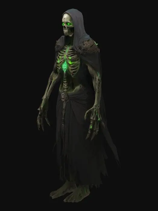 3D model for A dark fantasy enemy concept inspired by the grim, gothic aesthetic of Diablo II. The creature is an undead warlock called “The Wretched Scourge.” Its decayed, skeletal body is draped in tattered ceremonial robes inscribed with cursed runes that glow faintly green. Hollow, glowing eyes pierce from a mummified skull, and its exposed ribcage holds a pulsing, corrupted soul crystal emitting eerie light. Its bony arms are grotesquely elongated into jagged claws encrusted with dried blood and arcane etchings. Around it swirl faintly glowing spectral wisps — the bound souls of its victims. The background is a desolate, fog-choked battlefield strewn with rusted weapons, shattered gravestones, and broken altars. The art style is gritty and inspired by diablo 2 and blizzard north