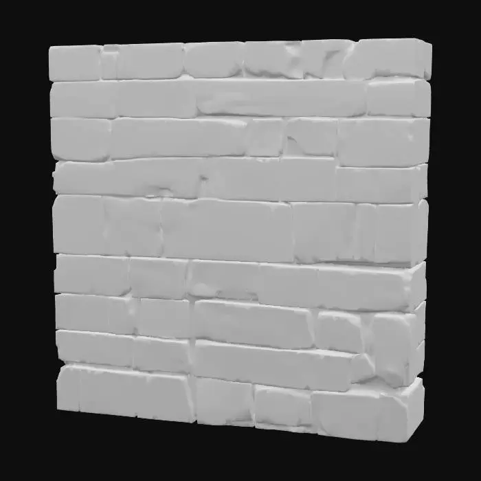 3D model for Üst kısmında mazgallar ve kemerli açıklıklar bulunan sağlam, düşey bir taş duvar bölümüdür. Açık gri ve kirli beyaz tonlarındaki blok taşlar, pürüzsüz yüzeylere ve hafifçe yuvarlatılmış köşelere sahiptir. Derin, koyu gri derz hatları, taşlar arasında net bir ayrım oluşturur ve yapının sağlam hissini pekiştirir. Dokunulduğunda sert ve serin, belirgin kenarlarıyla bloklu bir dokuya sahip gibi görünmektedir.