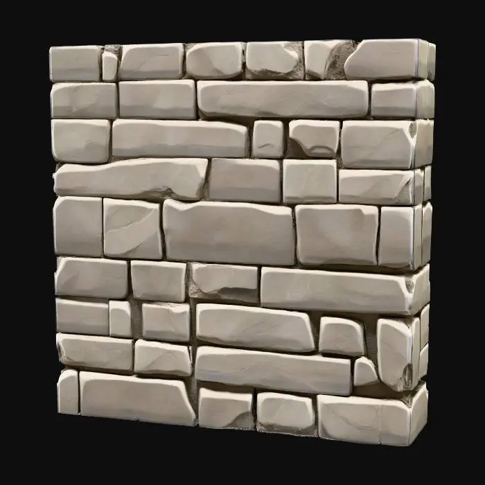 3D model for Üst kısmında mazgallar ve kemerli açıklıklar bulunan sağlam, düşey bir taş duvar bölümüdür. Açık gri ve kirli beyaz tonlarındaki blok taşlar, pürüzsüz yüzeylere ve hafifçe yuvarlatılmış köşelere sahiptir. Derin, koyu gri derz hatları, taşlar arasında net bir ayrım oluşturur ve yapının sağlam hissini pekiştirir. Dokunulduğunda sert ve serin, belirgin kenarlarıyla bloklu bir dokuya sahip gibi görünmektedir.