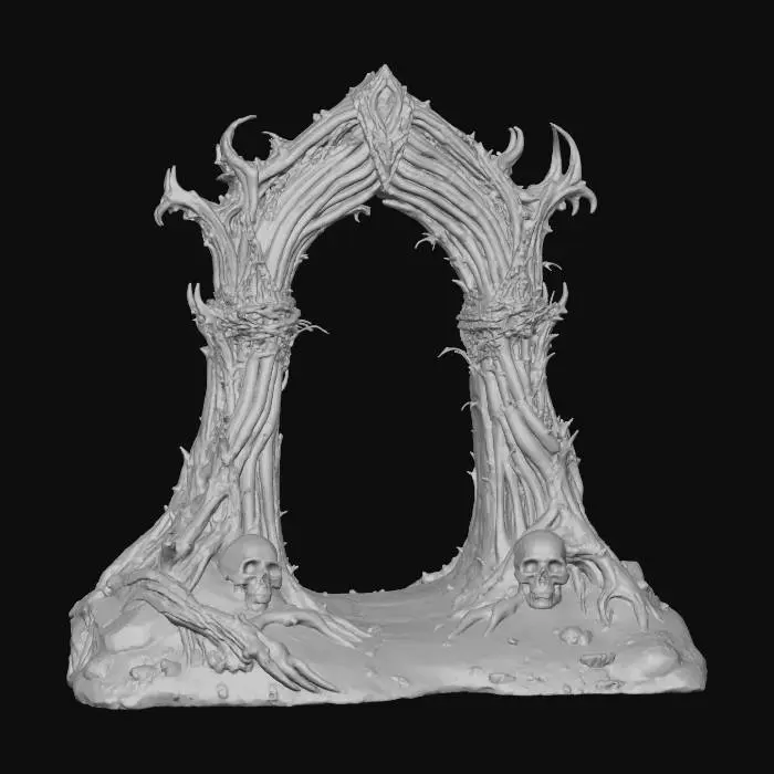 3D model for a massive, ornate archway constructed from large, weathered bones stands prominently. the bones form an intricate arch with pointed, claw-like extensions, lending a menacing appearance. at the base lies a detailed skull with sharp teeth. the color palette consists of earthy, muted browns and grays, emanating a dark, ancient atmosphere. the surrounding area is barren and dusty, enhancing the desolate, eerie mood. the ethereal lighting casts subtle shadows, emphasizing the textures and details on the bone structure. the arch's imposing stature and the skull's presence create a sense of mystery and foreboding.