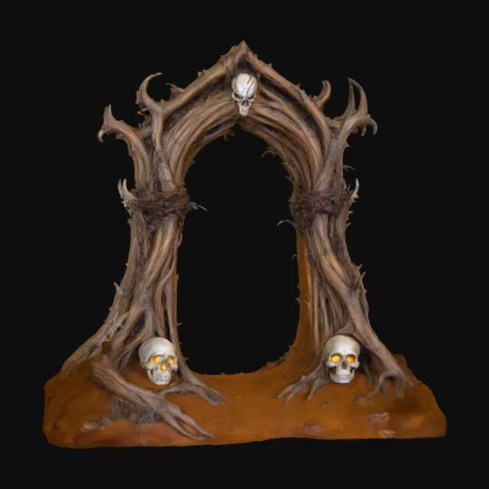 3D model for a massive, ornate archway constructed from large, weathered bones stands prominently. the bones form an intricate arch with pointed, claw-like extensions, lending a menacing appearance. at the base lies a detailed skull with sharp teeth. the color palette consists of earthy, muted browns and grays, emanating a dark, ancient atmosphere. the surrounding area is barren and dusty, enhancing the desolate, eerie mood. the ethereal lighting casts subtle shadows, emphasizing the textures and details on the bone structure. the arch's imposing stature and the skull's presence create a sense of mystery and foreboding.