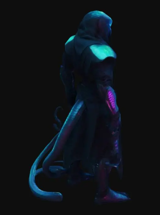 3D model for Futuristic cybernetic Cobra Ninja in a neon-lit dystopian city at night. Sleek metallic armor fused with reptilian scales glows with bio-luminescent energy. Sharp cybernetic tail strikes fast. Hooded face with piercing, glowing eyes blends into shadows via cloaking tech. Holographic billboards, skyscrapers, and misty rain reflect neon lights. Cinematic, detailed, ultra-realistic scene with dramatic lighting and slow-motion as the Ninja prepares an epic ambush.