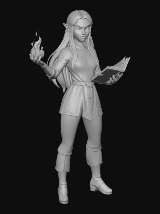 3D model for A subdued-pink-skinned elf woman with long hair and eyes that shine like polished sapphire, with pouted lips and relaxed eyes. She has a slim build and obvious confidence, wearing a blue tunic and belt with a skirt that are trimmed with gold patterns. She is holding a fireball in one hand and a book in the other, standing as if ready to fight with a smirk