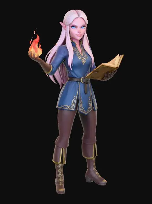 3D model for A subdued-pink-skinned elf woman with long hair and eyes that shine like polished sapphire, with pouted lips and relaxed eyes. She has a slim build and obvious confidence, wearing a blue tunic and belt with a skirt that are trimmed with gold patterns. She is holding a fireball in one hand and a book in the other, standing as if ready to fight with a smirk