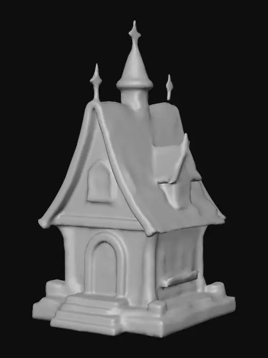 3D model for Ein detailliertes 3D-Modell eines symmetrischen Mittelalterlichen Fantasy-Dorfhauses im Weihnachtlichen Stile. Es hat ein mehrfach gegliedertes, Weinrotes Ziegel Dach mit goldenen, abgerundeten Ziegeln und ist teilweise mit glattem, weißem Schnee bedeckt. Die Wände sind in einem satten Crimson-Rot gehalten, akzentuiert durch dunkelgrüne Zierleisten und Braune Hölzerne Fensterrahmen. Mehrere halbrunde gewölbte Fenster sind mit blauen Scheiben versehen, die Gibel haben Gelbe Sterne, die einen sanften goldenen Glanz aufweisen. Eine goldene Sternspitze krönt das Hauptdach. Das Modell steht auf einer quadratischen dunkelgrünen Basis mit grünen Stufen und einige eisblöcke liegen herumm, alles mit einer matten, Handbemalten Textur versehen.Octane Render. Medium-polygon-Modell , #Christmas2025#