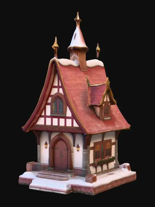 3D model for Ein detailliertes 3D-Modell eines symmetrischen Mittelalterlichen Fantasy-Dorfhauses im Weihnachtlichen Stile. Es hat ein mehrfach gegliedertes, Weinrotes Ziegel Dach mit goldenen, abgerundeten Ziegeln und ist teilweise mit glattem, weißem Schnee bedeckt. Die Wände sind in einem satten Crimson-Rot gehalten, akzentuiert durch dunkelgrüne Zierleisten und Braune Hölzerne Fensterrahmen. Mehrere halbrunde gewölbte Fenster sind mit blauen Scheiben versehen, die Gibel haben Gelbe Sterne, die einen sanften goldenen Glanz aufweisen. Eine goldene Sternspitze krönt das Hauptdach. Das Modell steht auf einer quadratischen dunkelgrünen Basis mit grünen Stufen und einige eisblöcke liegen herumm, alles mit einer matten, Handbemalten Textur versehen.Octane Render. Medium-polygon-Modell , #Christmas2025#