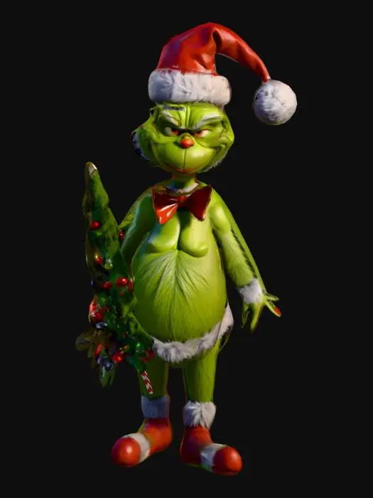 3D model for #Christmas2025#, Create a Festive Xmas Grinch stylized A-Pose  .ready for Rigging .fancy smiling face. octane render .low-poly.count quads mesh