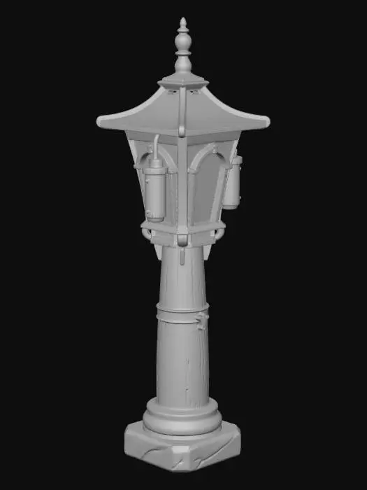 3D model for A stylized Fantasy-RPG-Requisit 3D model of a rustic lamppost. The post is constructed from rough, warm-brown wooden planks with a suggested grain and reinforced with simple, gray metal fittings. A wrought-iron lantern with bronze-colored metal and four curved, bright orange glass windows hangs from a chain at the top of the crossbeam. The entire structure rests on a worn, gray stone slab supported by four small, light-brown wooden blocks, all in a hand-painted, playful style with soft lighting.