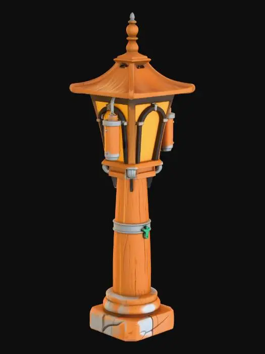3D model for A stylized Fantasy-RPG-Requisit 3D model of a rustic lamppost. The post is constructed from rough, warm-brown wooden planks with a suggested grain and reinforced with simple, gray metal fittings. A wrought-iron lantern with bronze-colored metal and four curved, bright orange glass windows hangs from a chain at the top of the crossbeam. The entire structure rests on a worn, gray stone slab supported by four small, light-brown wooden blocks, all in a hand-painted, playful style with soft lighting.