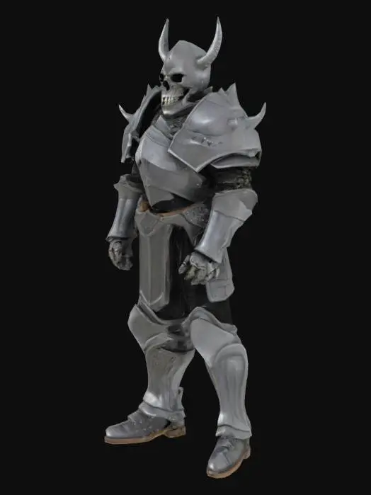 3D model for Skull Knight, Humanoid, realistic, photorealism, Heavy plate armor, spiked shoulders, The Lich King Helmet, Medieval hero, fantasy hero. Skull face, real wearable helmet 