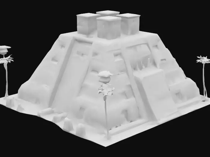 3D model for the Ziggurat of Ur reborn in a post-apocalyptic future where ancient Mesopotamian gods have awakened. The temple is partially buried in sand, with glowing blue energy lines running through cracked stone, and hovering relics orbiting its peak. Palm trees grow through the ruins, and broken statues whisper ancient knowledge. Blend ancient Sumerian architecture with sci-fi elements, like floating platforms and a starlit sky overhead. #AroundTheWorld#
