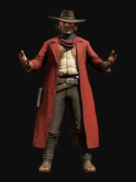 3D model for Red Dead Redemption, John Maston, stands with his hands outstretched, palms open, and feet upright