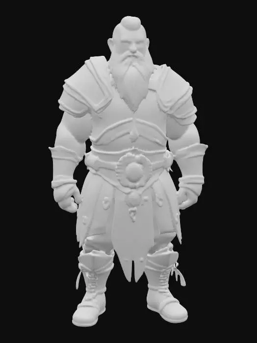 3D model for Erstelle mir ein Modell eines Zwerges mit langem Haar, dichtem Bart, einem Holster für ein Schwert und mit einem Schild. Er soll Lederrüstung tragen. 
