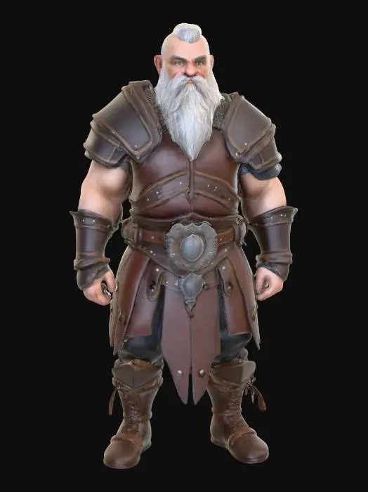 3D model for Erstelle mir ein Modell eines Zwerges mit langem Haar, dichtem Bart, einem Holster für ein Schwert und mit einem Schild. Er soll Lederrüstung tragen. 